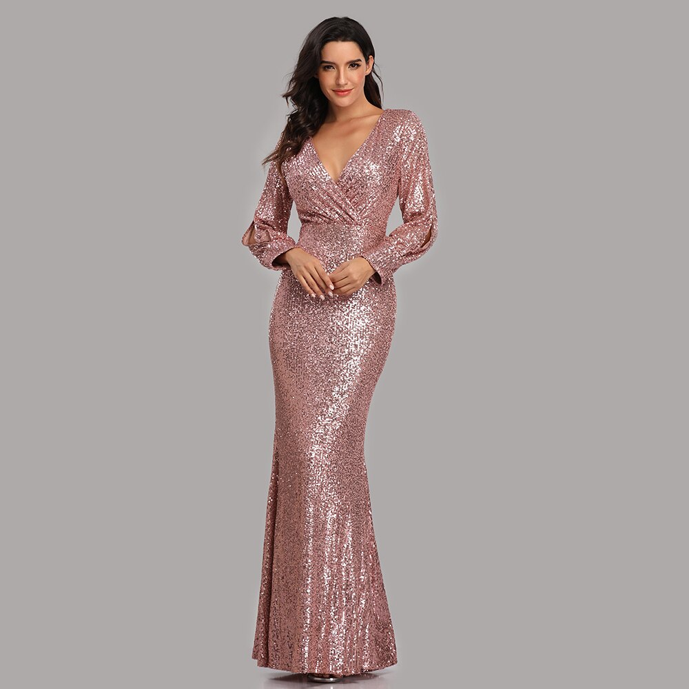 New Sexy V Neck Mermaid Evening Dress Long Formal Prom Party Gown Full Sequins long Sleeve Galadress vestidos occassion dress