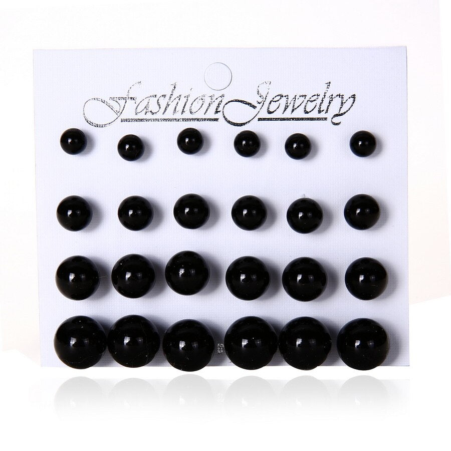 Women Trendy Stud Earrings Set With Card 12 Pairs/set Transparent Zircon Balls Love Flowers