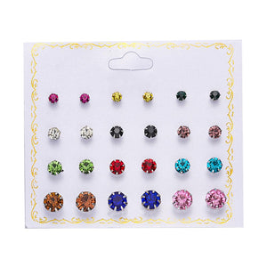 Women Trendy Stud Earrings Set With Card 12 Pairs/set Transparent Zircon Balls Love Flowers